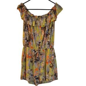 Floral Chartreuse Ruffled Off-Shoulder Drawstring Waist Cool Romper Sz M